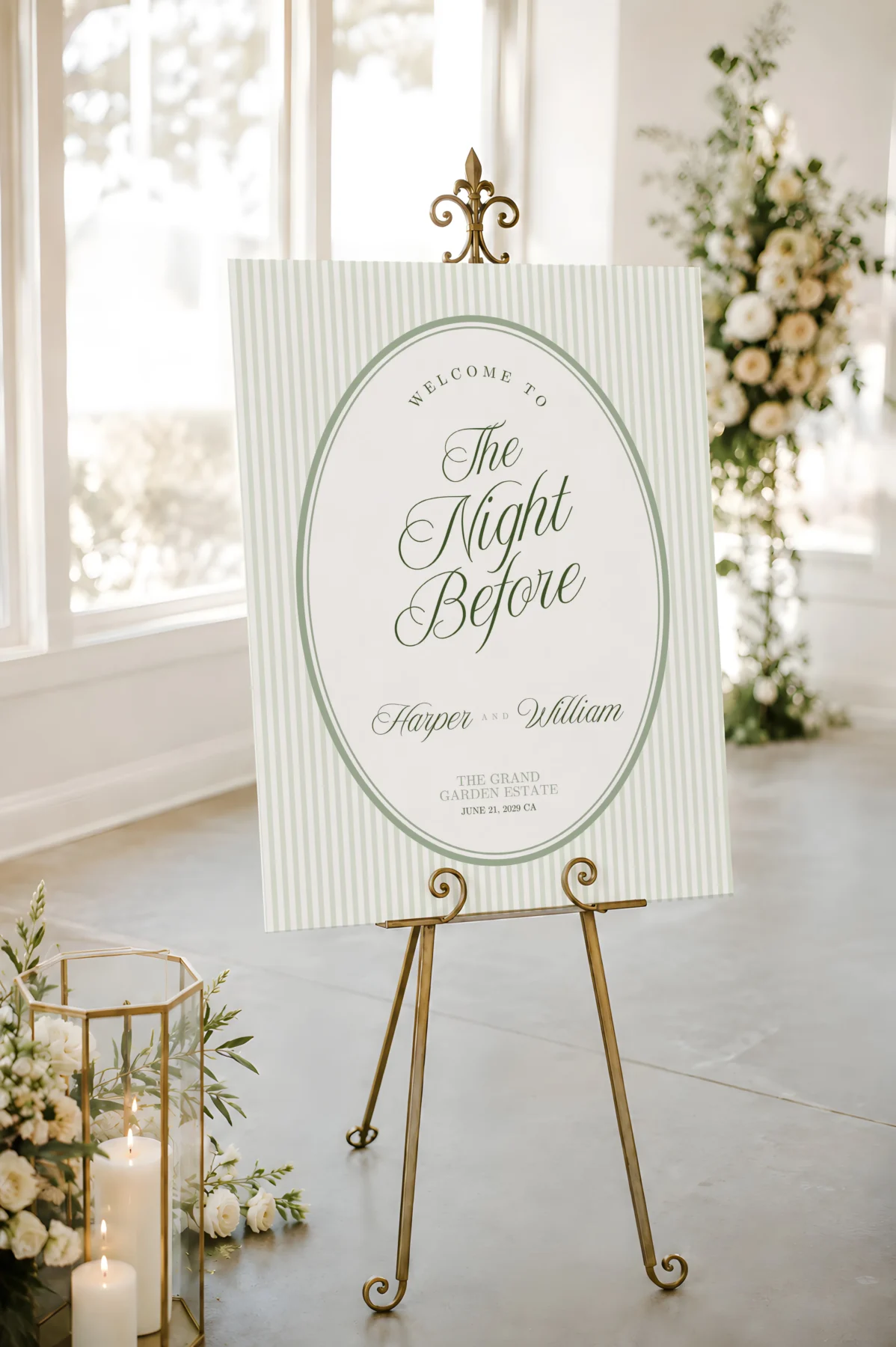 Green Stripes Wedding Welcome Sign Canva Template preview