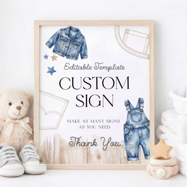 Blue Jean Baby Shower Custom Sign Canva Template preview