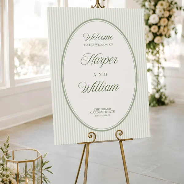 Green Stripes Wedding Welcome Sign Canva Template preview