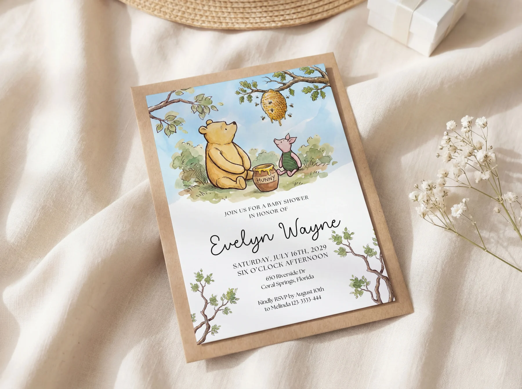 Winnie the Poon Blue Baby Shower Invitation Canva Template detail 5