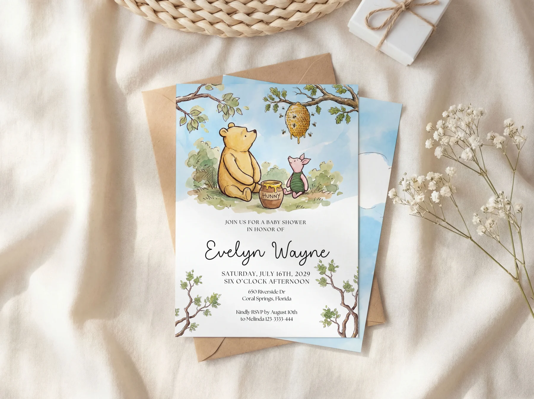 Winnie the Poon Blue Baby Shower Invitation Canva Template detail 6