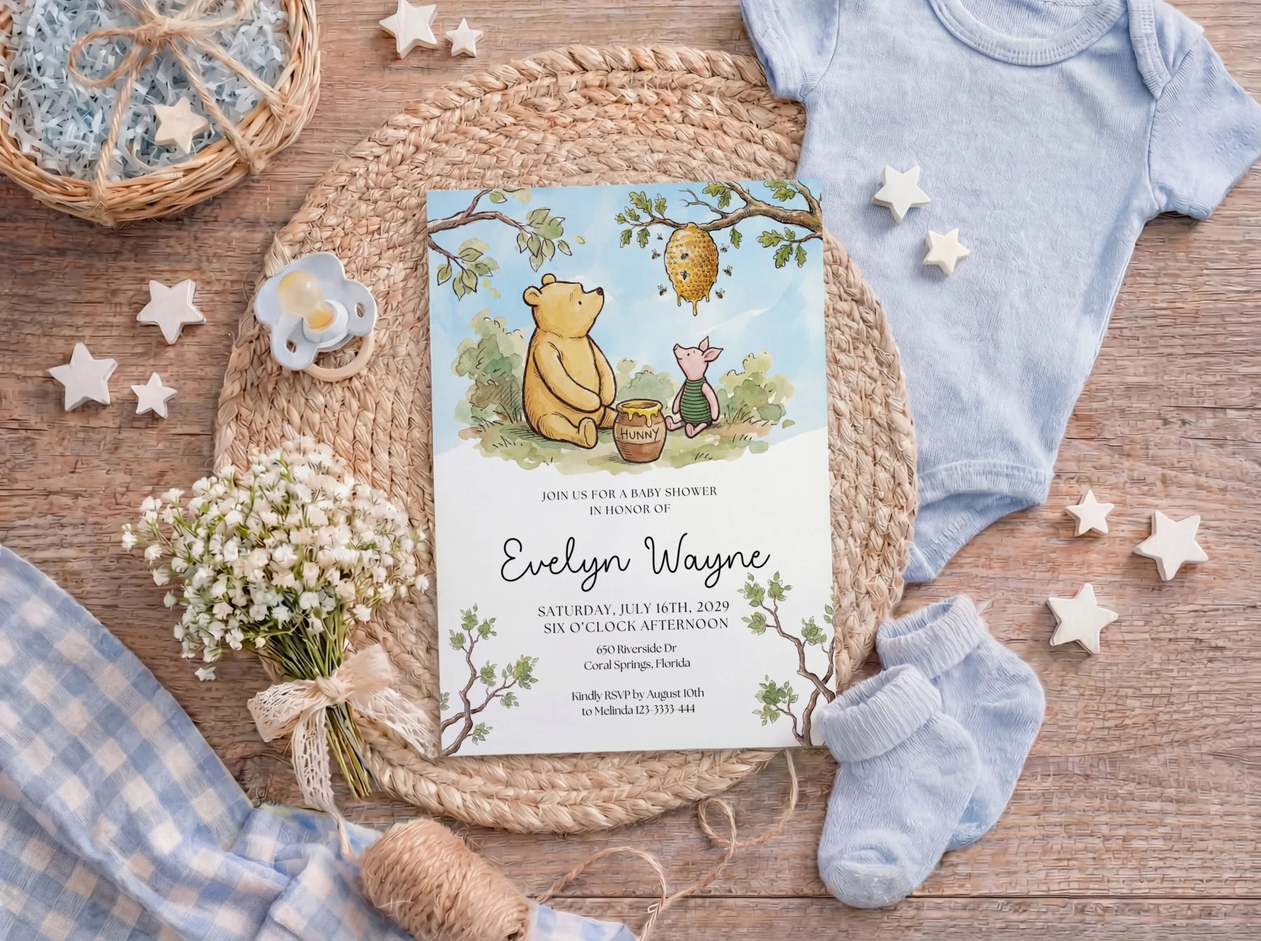 Winnie the Poon Blue Baby Shower Invitation Canva Template detail 7