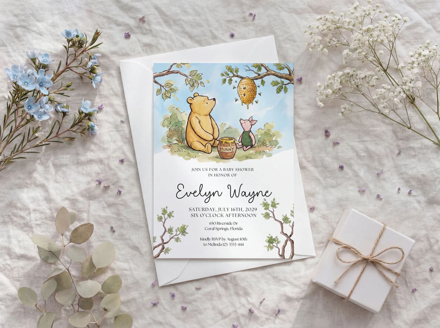 Winnie the Poon Blue Baby Shower Invitation Canva Template detail 2