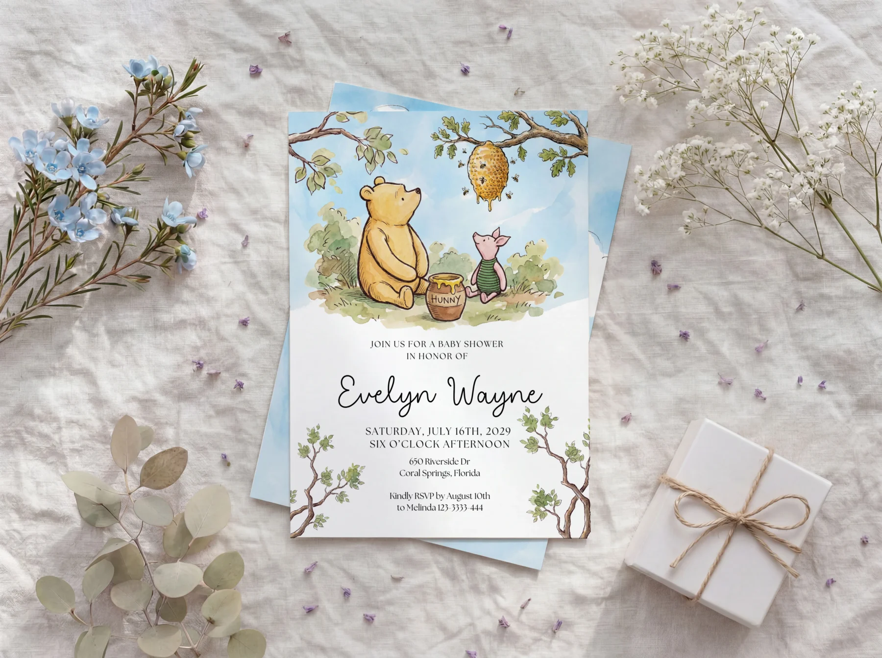 Winnie the Poon Blue Baby Shower Invitation Canva Template detail 3
