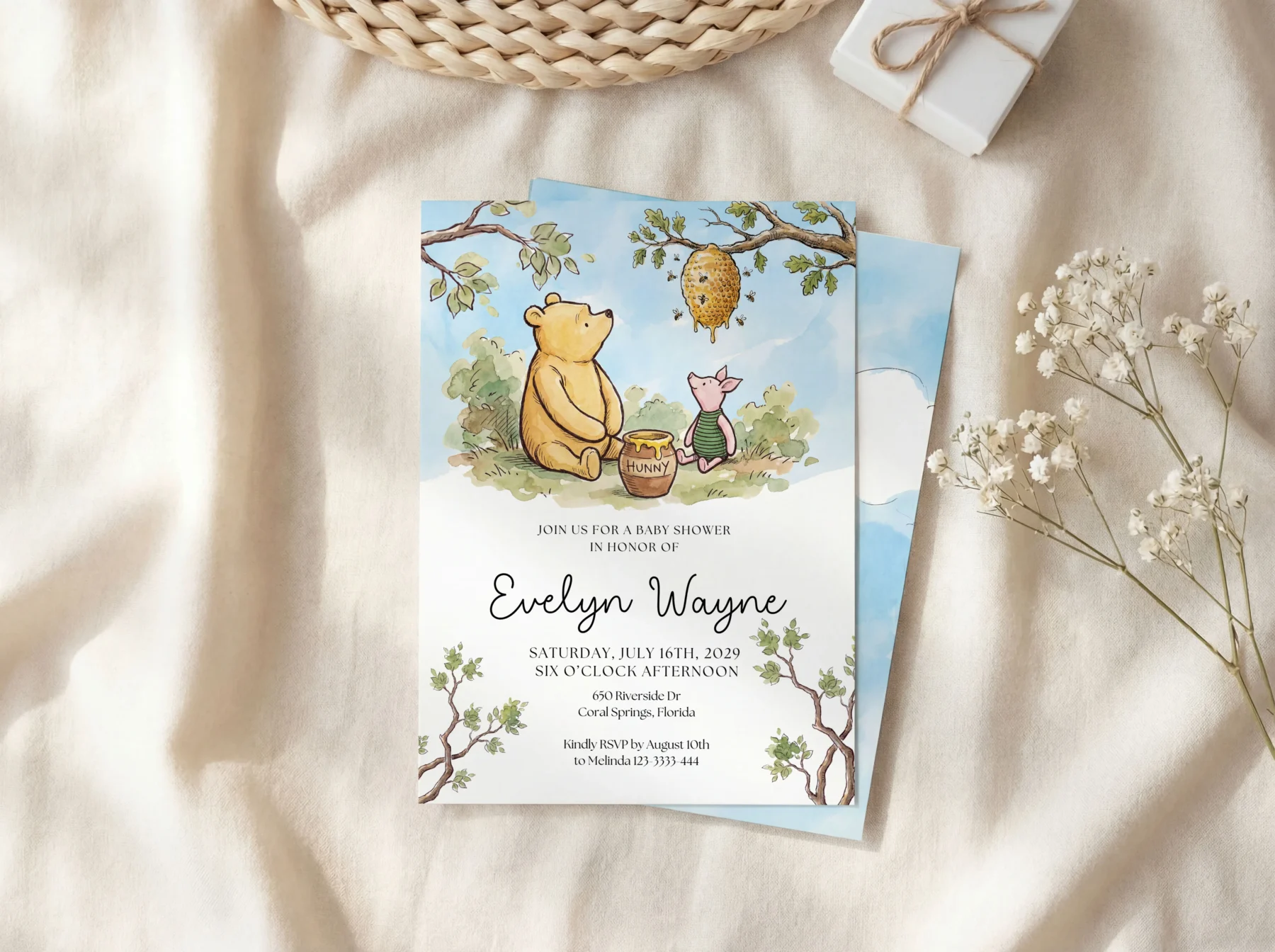 Winnie the Poon Blue Baby Shower Invitation Canva Template detail 4