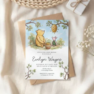 Winnie the Poon Blue Baby Shower Invitation Canva Template preview