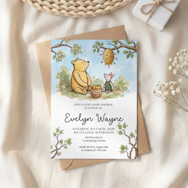 Winnie the Poon Blue Baby Shower Invitation Canva Template preview
