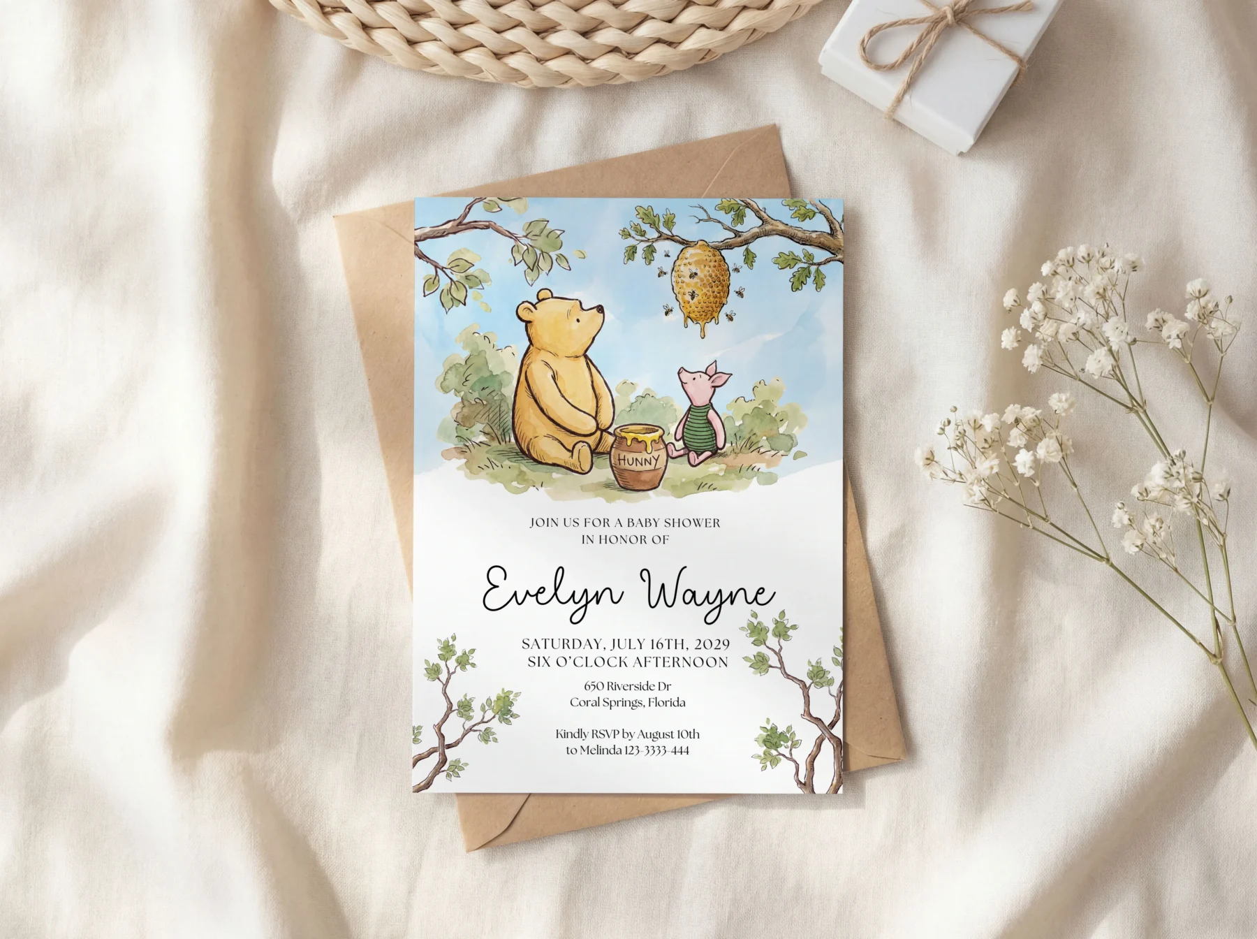 Winnie the Poon Blue Baby Shower Invitation Canva Template preview