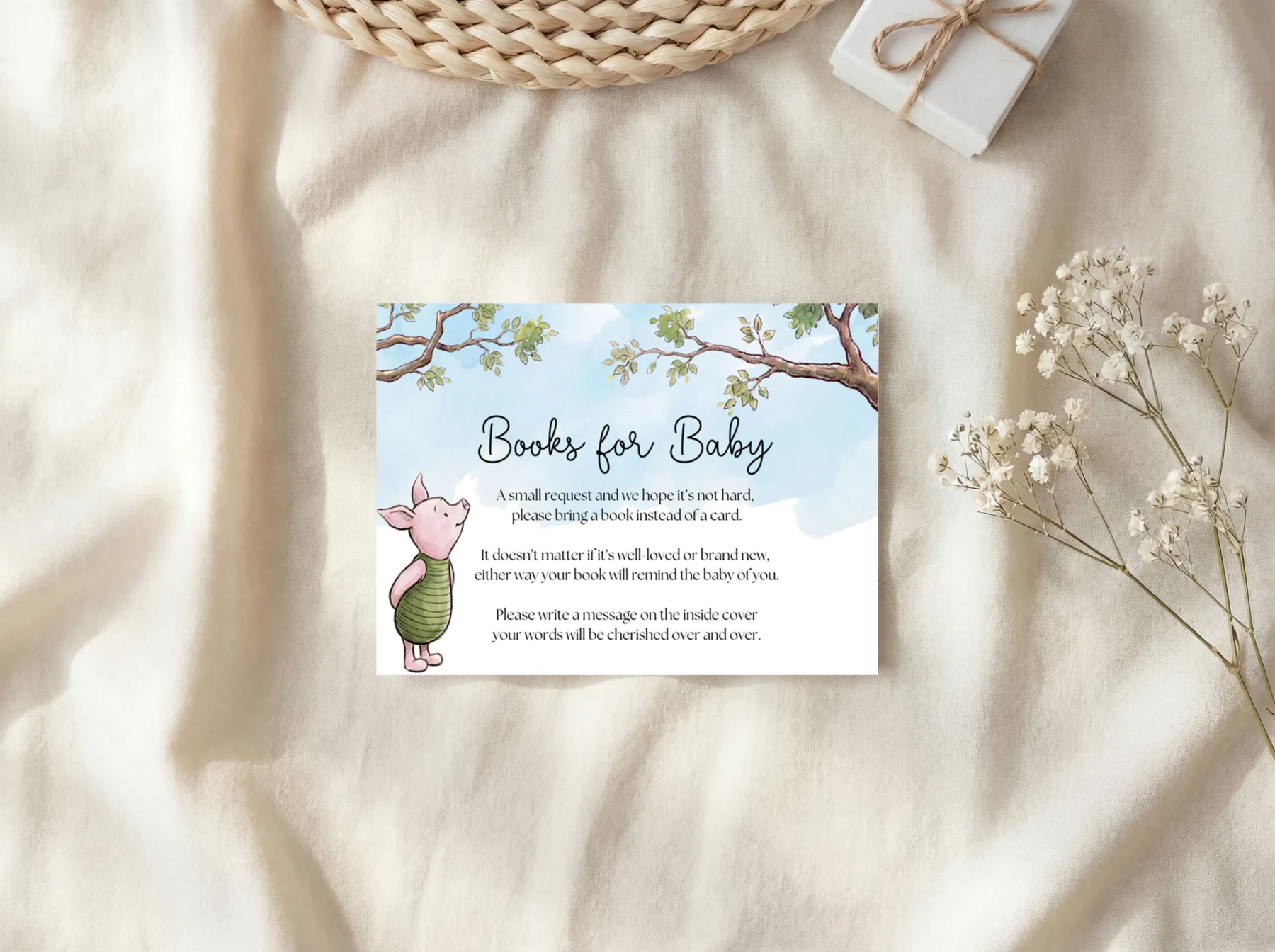 Winnie the Poon Blue Baby Shower Books for Baby Card Canva Template detail 2