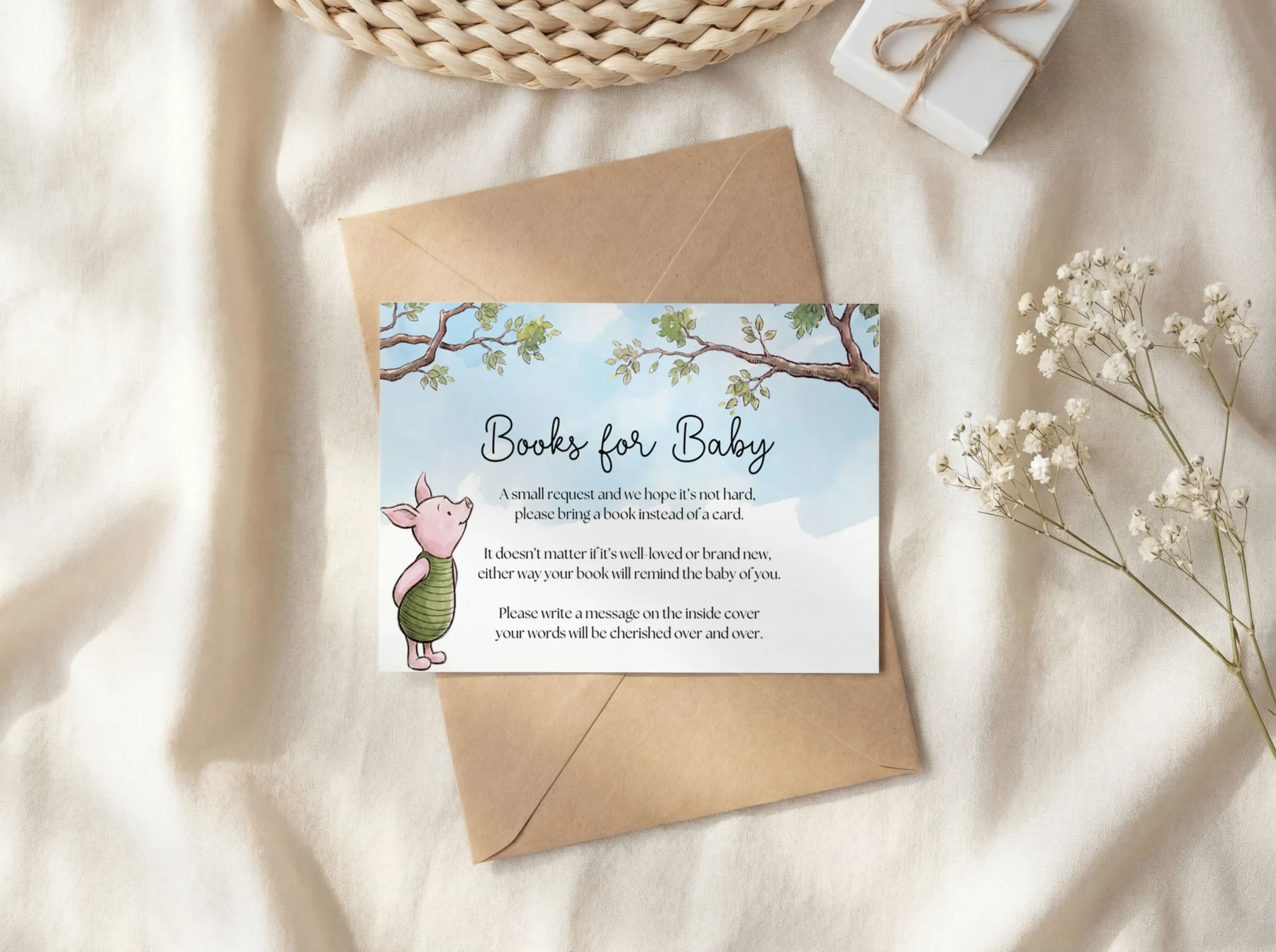 Winnie the Poon Blue Baby Shower Books for Baby Card Canva Template detail 3
