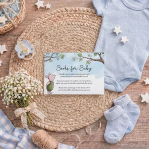 Winnie the Poon Blue Baby Shower Books for Baby Card Canva Template preview