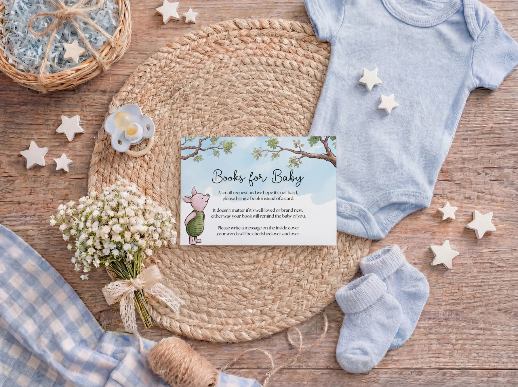 Winnie the Poon Blue Baby Shower Books for Baby Card Canva Template preview