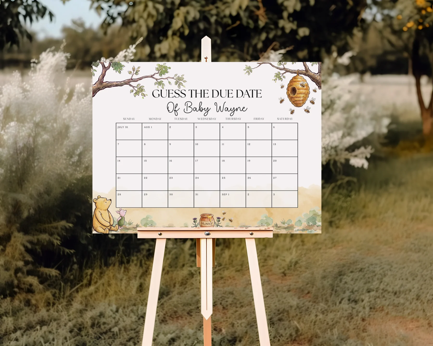 Winnie Beige Baby Shower Due Date Sign Canva Template detail 3