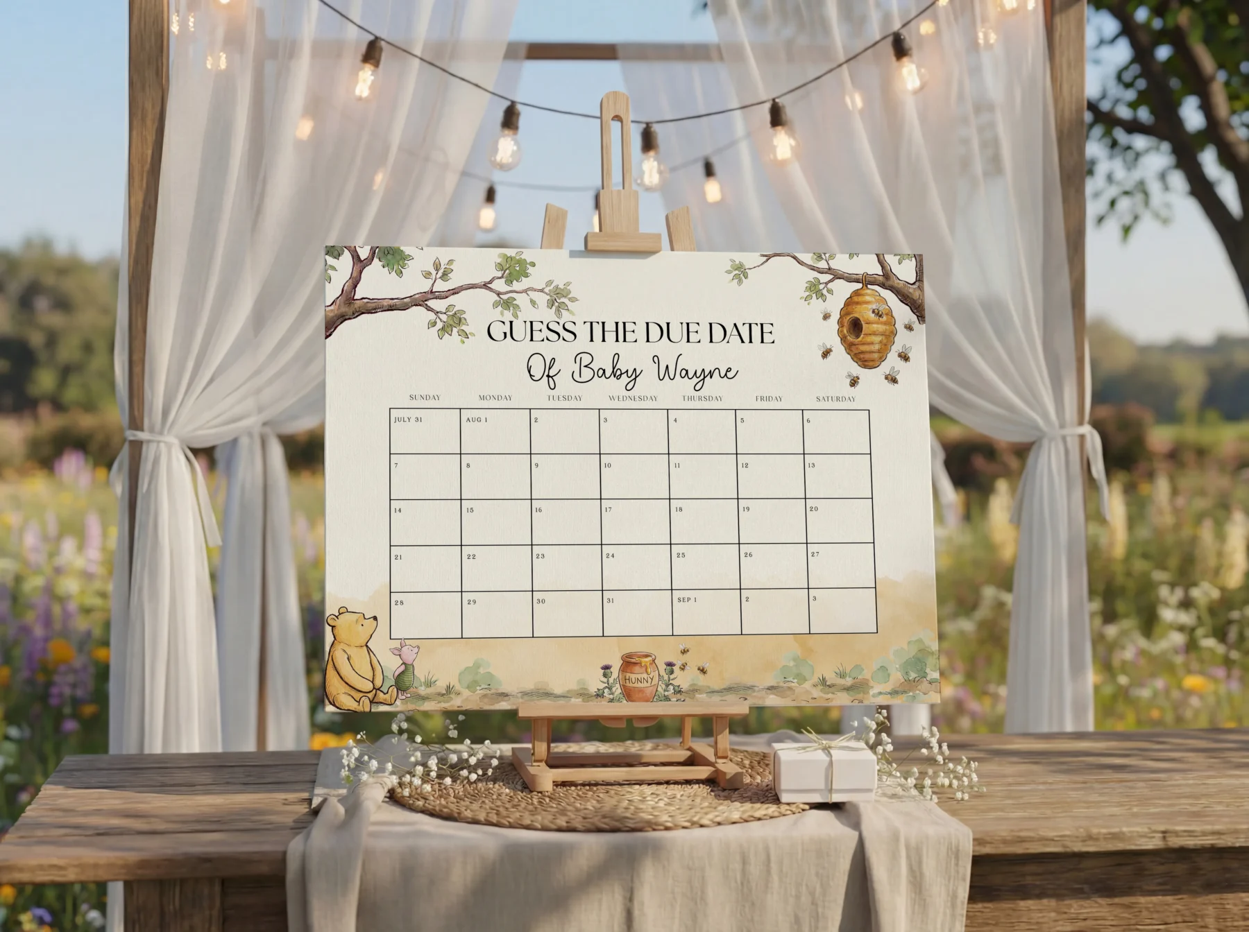 Winnie Beige Baby Shower Due Date Sign Canva Template preview