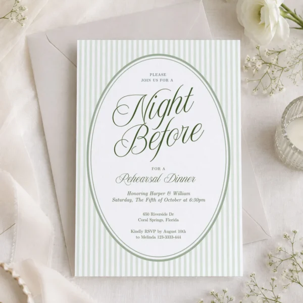 Green Stripes Wedding Invitation Canva Template preview