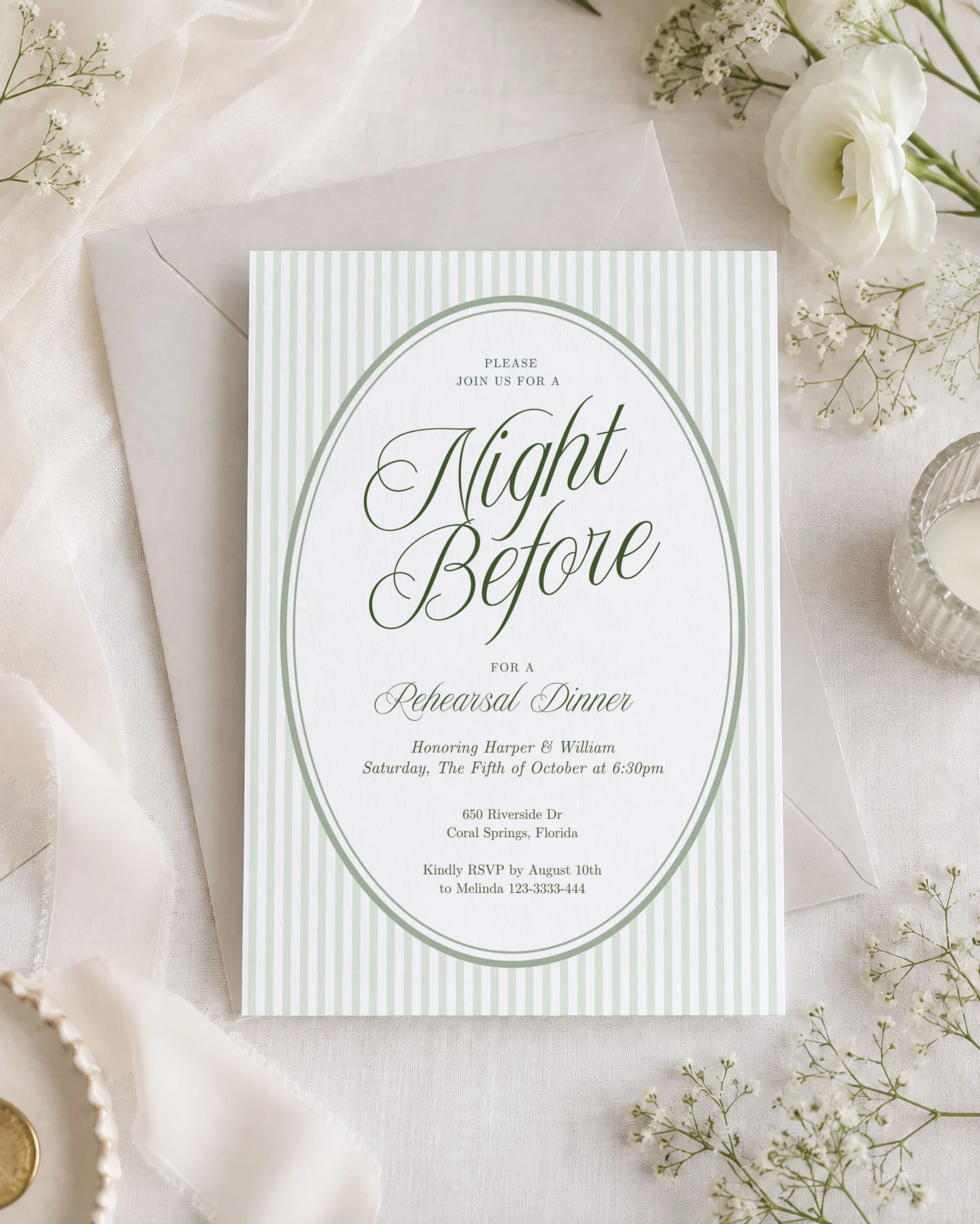 Green Stripes Wedding Invitation Canva Template preview