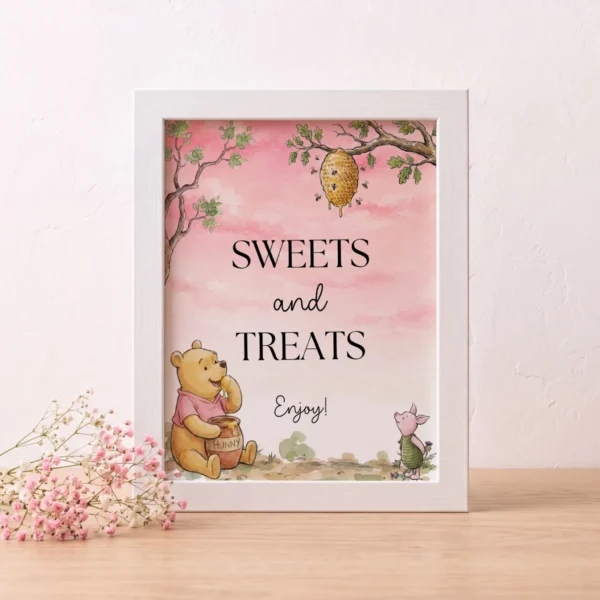 Winnie Pink Baby Shower Sign Canva Template preview