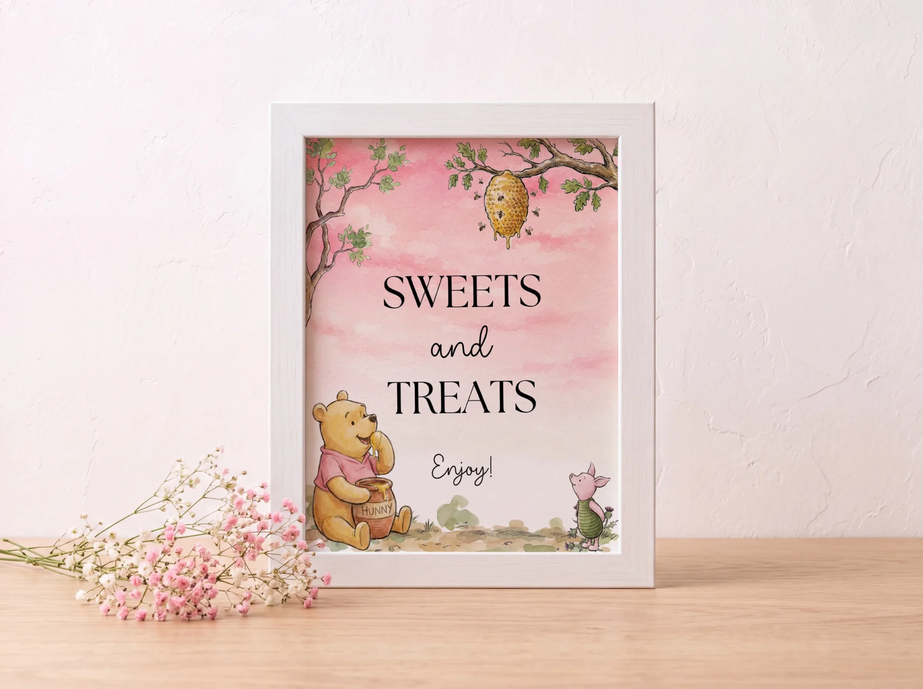 Winnie Pink Baby Shower Sign Canva Template preview