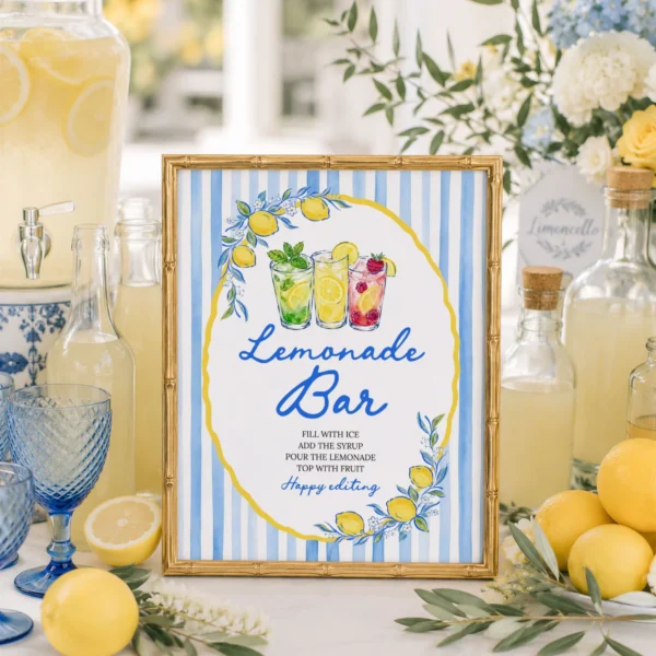 Lemon Blue Bridal Shower Bar Menu Sign Canva Template preview