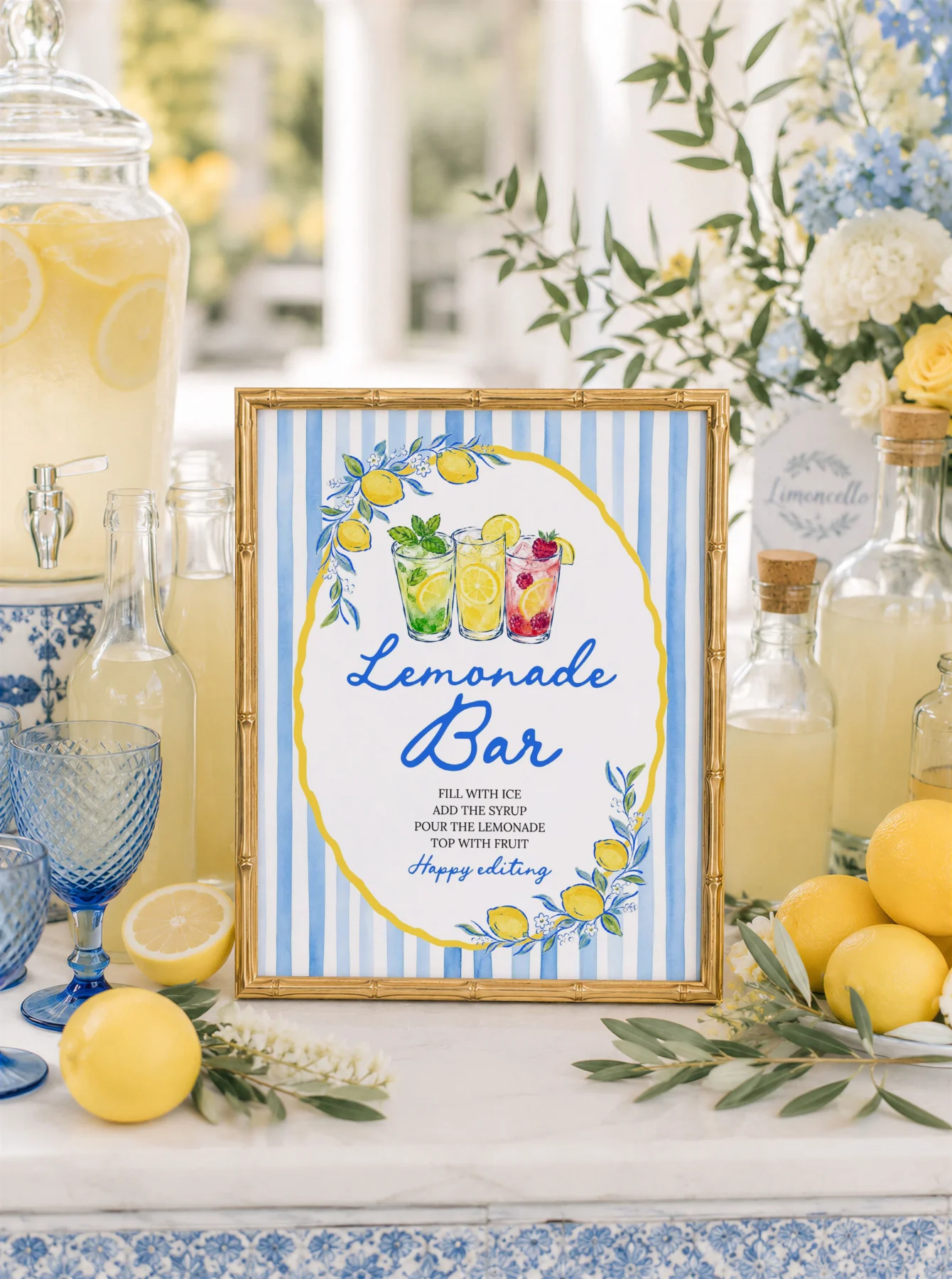 Lemon Blue Bridal Shower Bar Menu Sign Canva Template preview