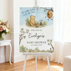 Winnie the Poon Blue Baby Shower Welcome Sign Canva Template preview
