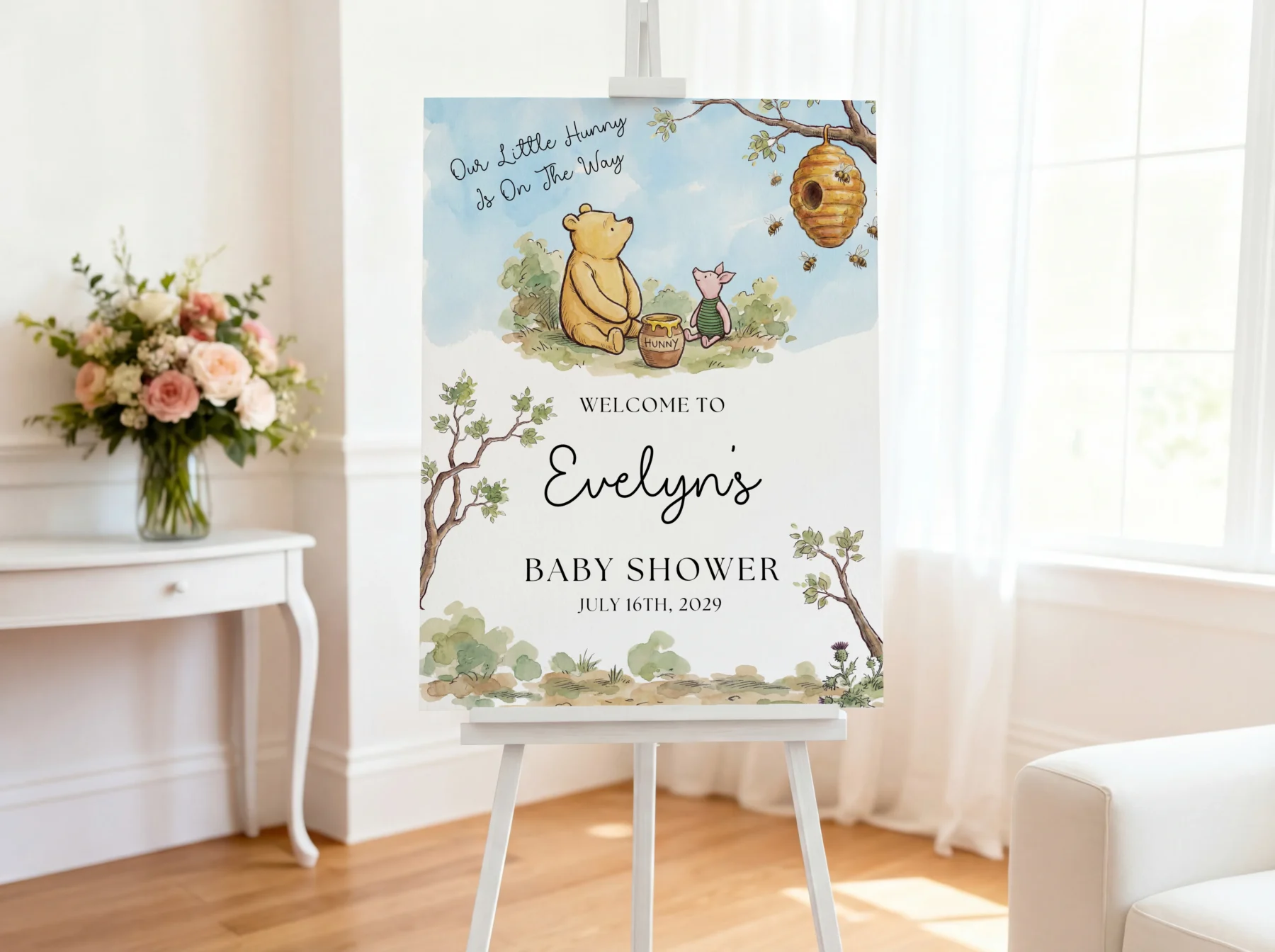 Winnie the Poon Blue Baby Shower Welcome Sign Canva Template preview