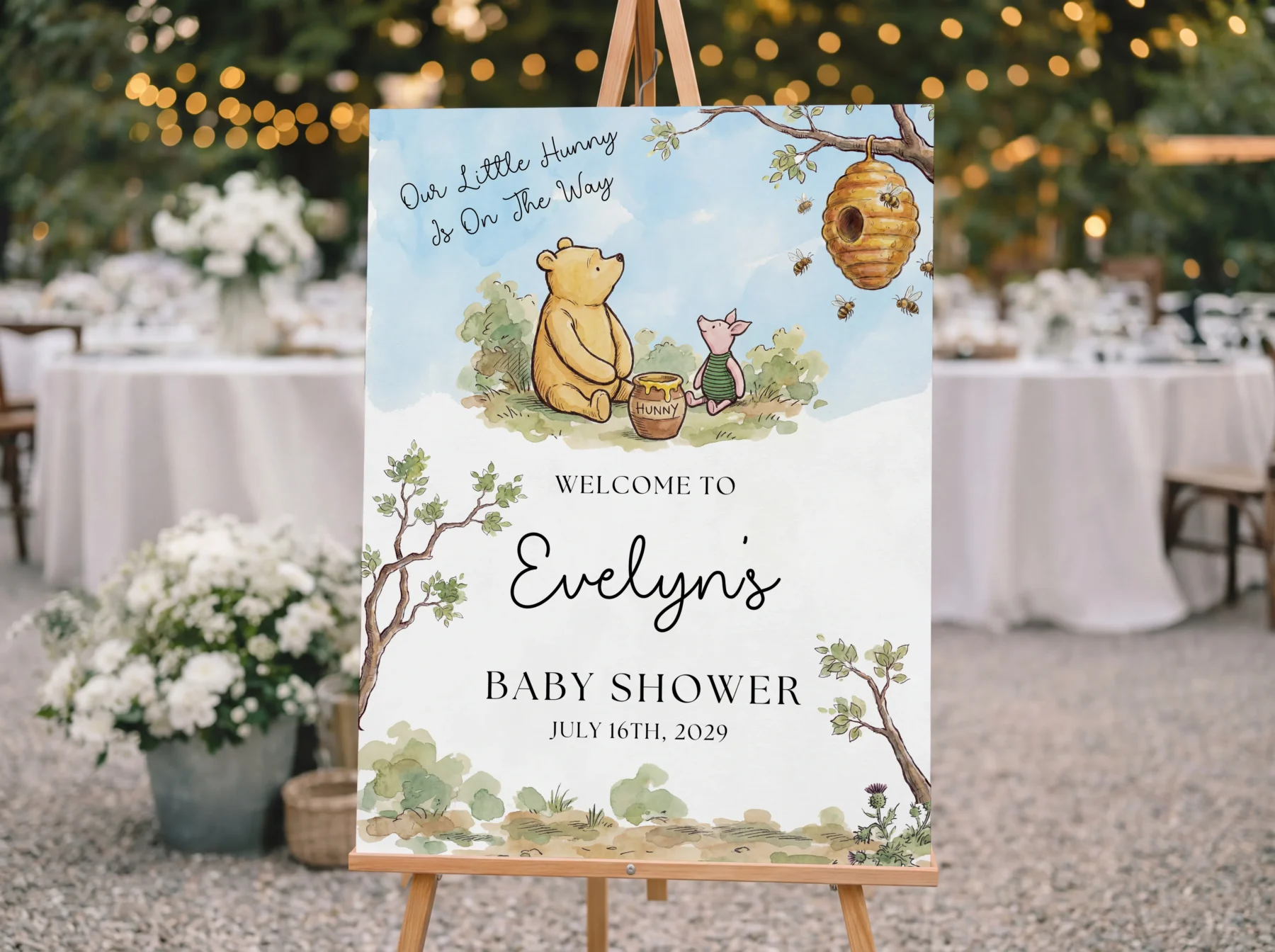 Winnie the Poon Blue Baby Shower Welcome Sign Canva Template detail 2