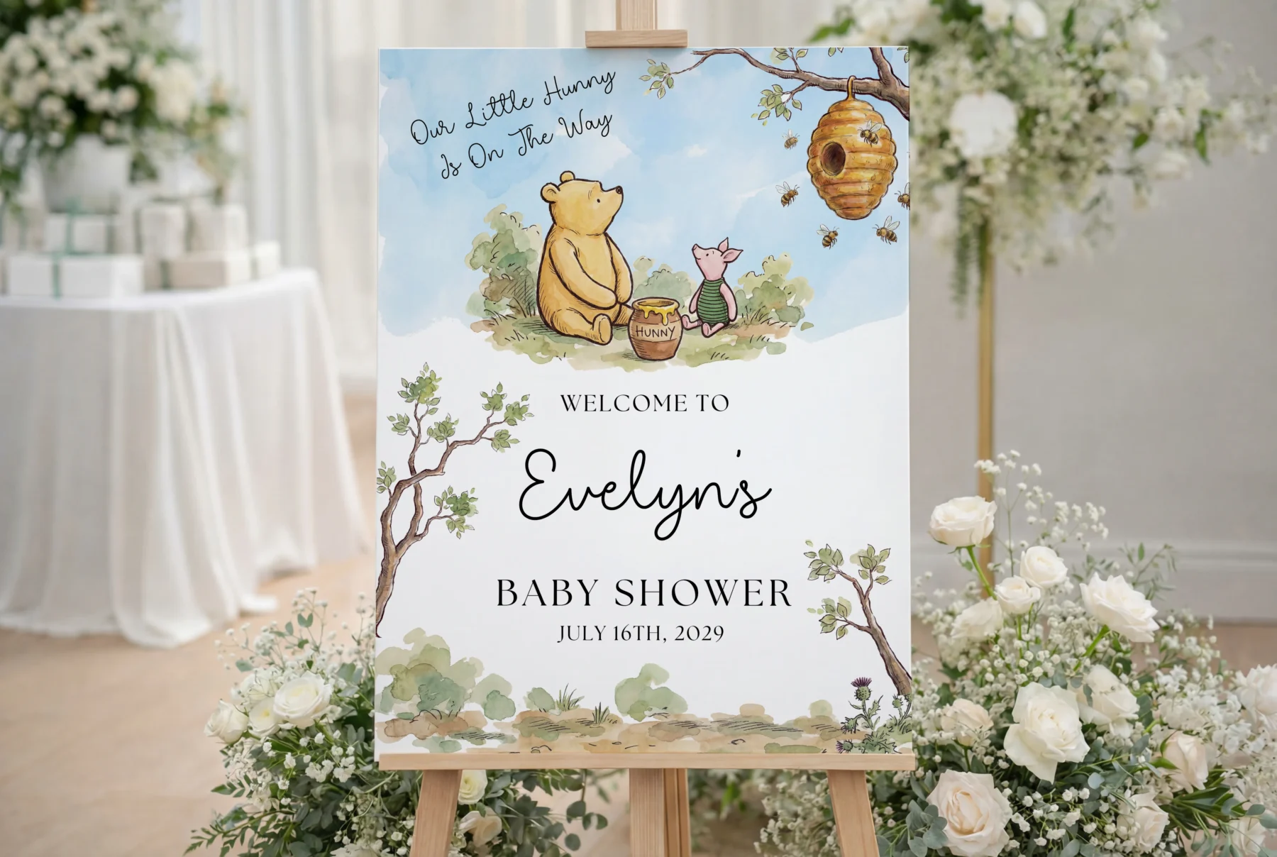 Winnie the Poon Blue Baby Shower Welcome Sign Canva Template detail 3