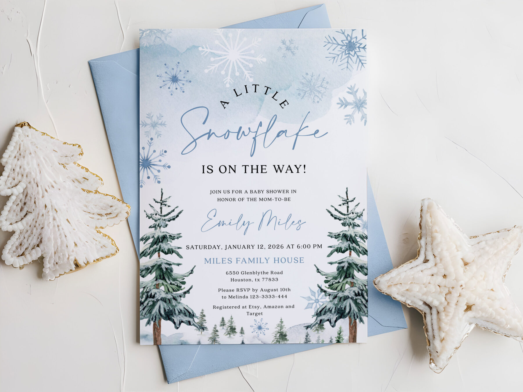 Blue Winter A Little Snowflake Invitation - Canva Template shown in a styled product mockup.