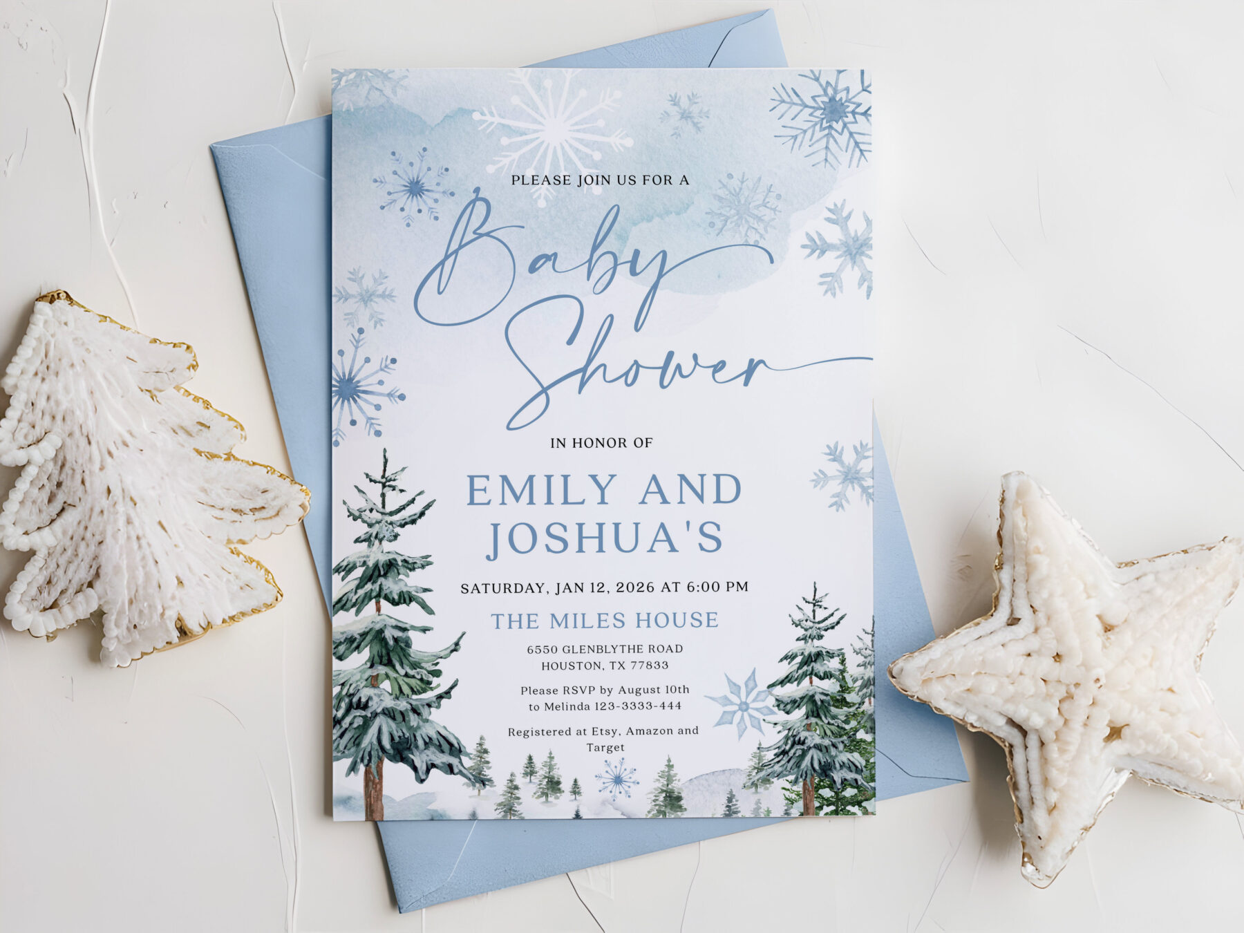 Blue Winter Couples Baby Shower Invitation - Canva Template shown in a styled product mockup.