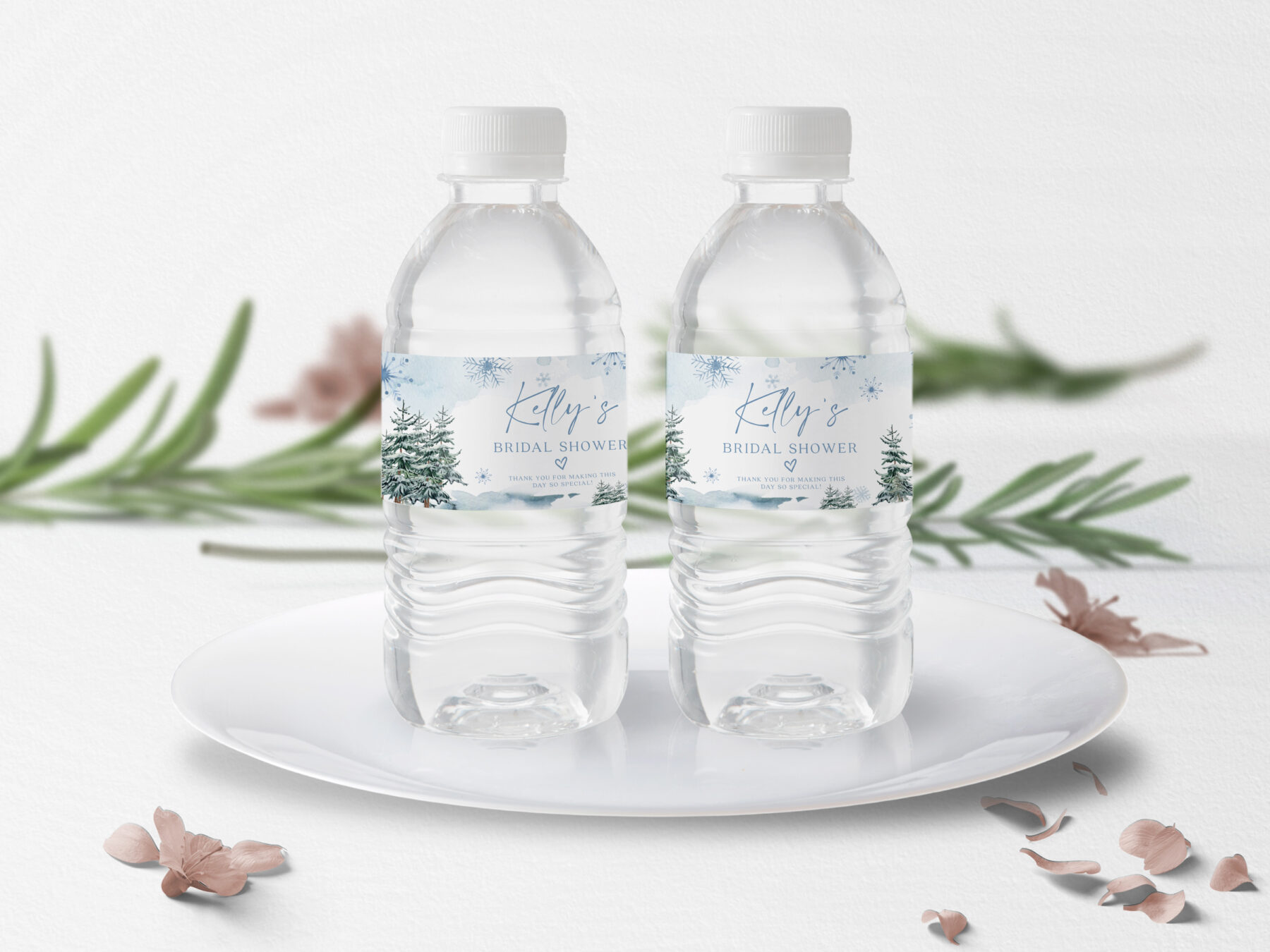 Blue Winter Water Bottle Labels - Canva Template shown in a styled product mockup.
