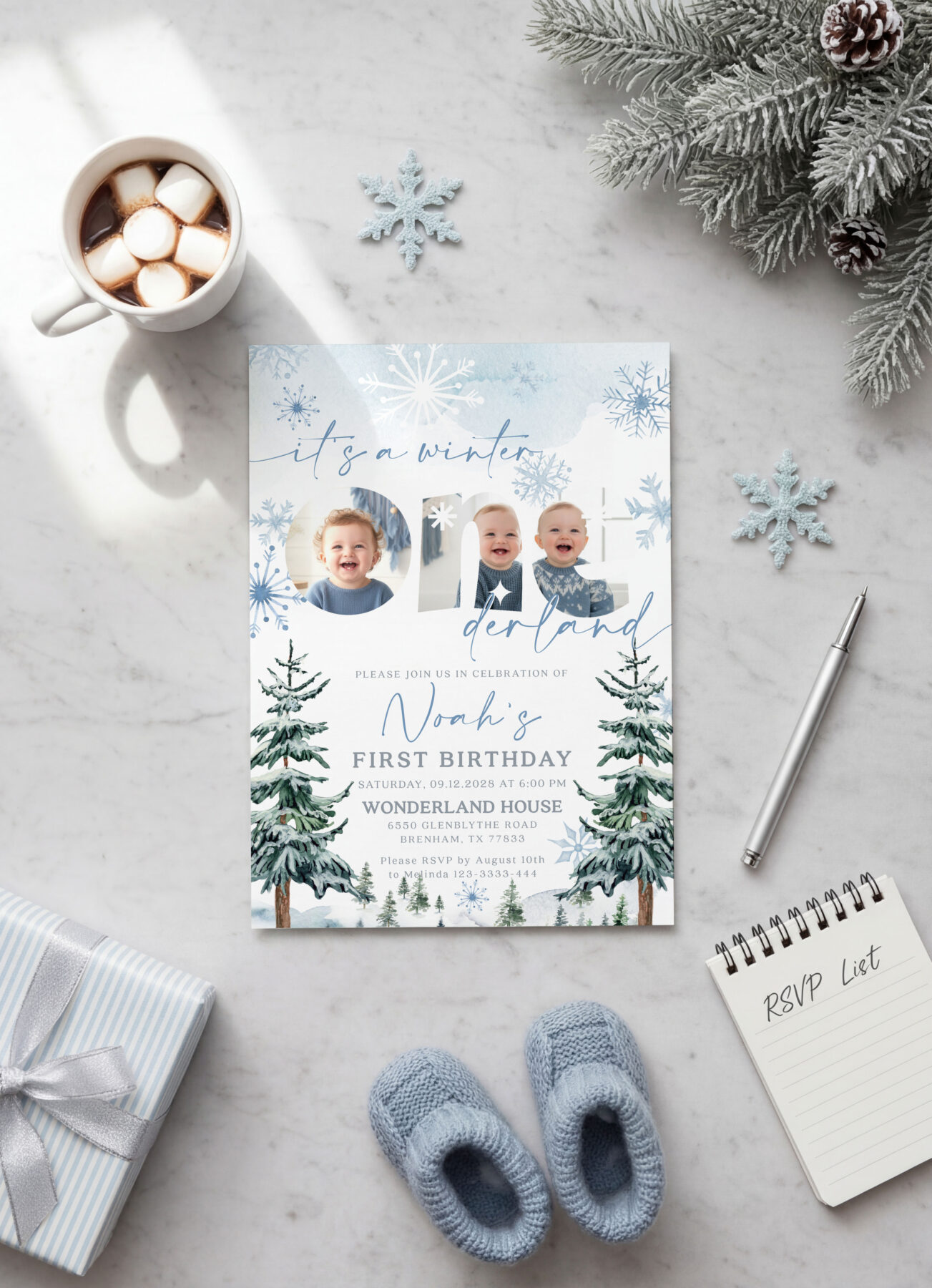 Blue Winter ONEderland Invitation - Canva Template shown in a styled product mockup.