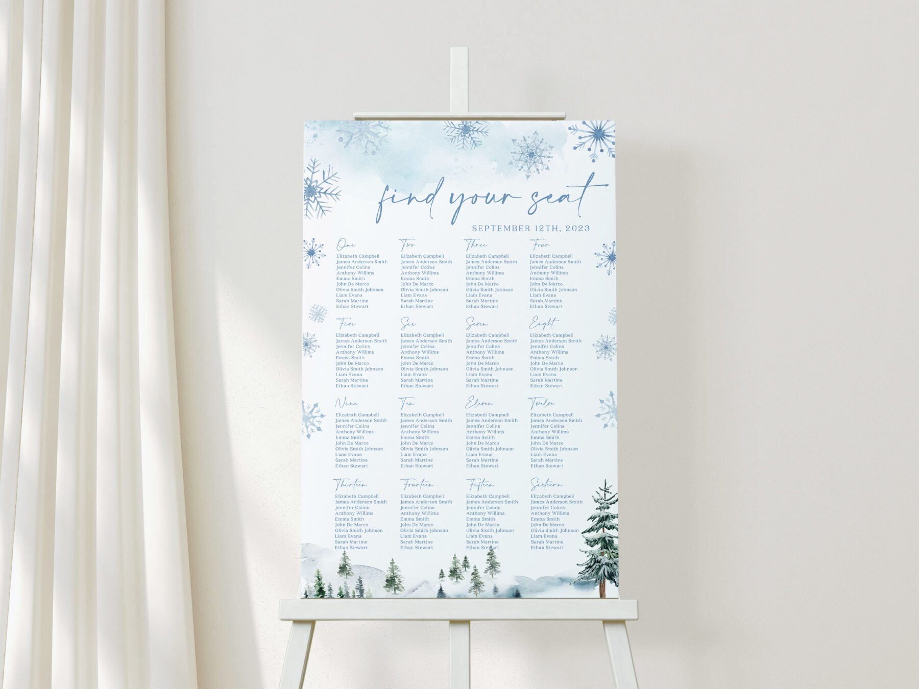 Blue Winter Seating Chart - Editable Canva Template shown in a styled product mockup.