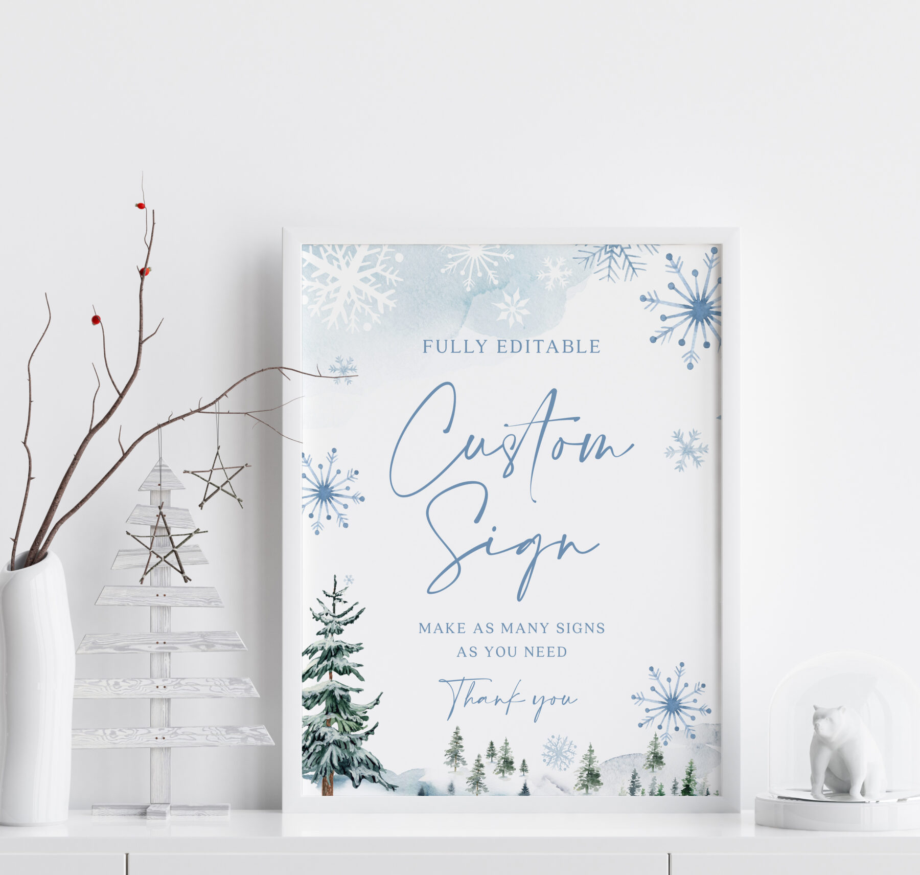 Blue Winter Custom Sign - Editable Canva Template shown in a styled product mockup.