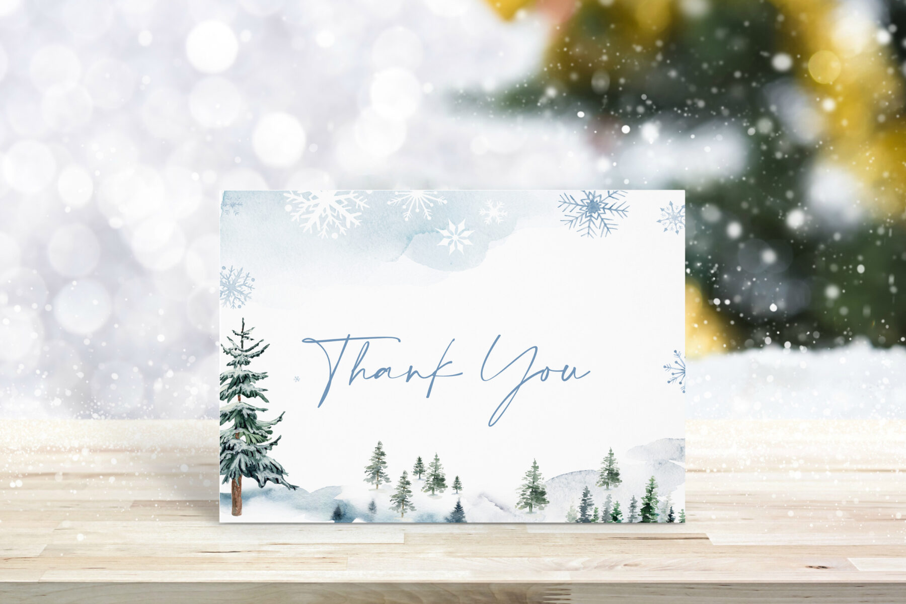 Blue Winter Thank You Card - Canva Template shown in a styled product mockup.