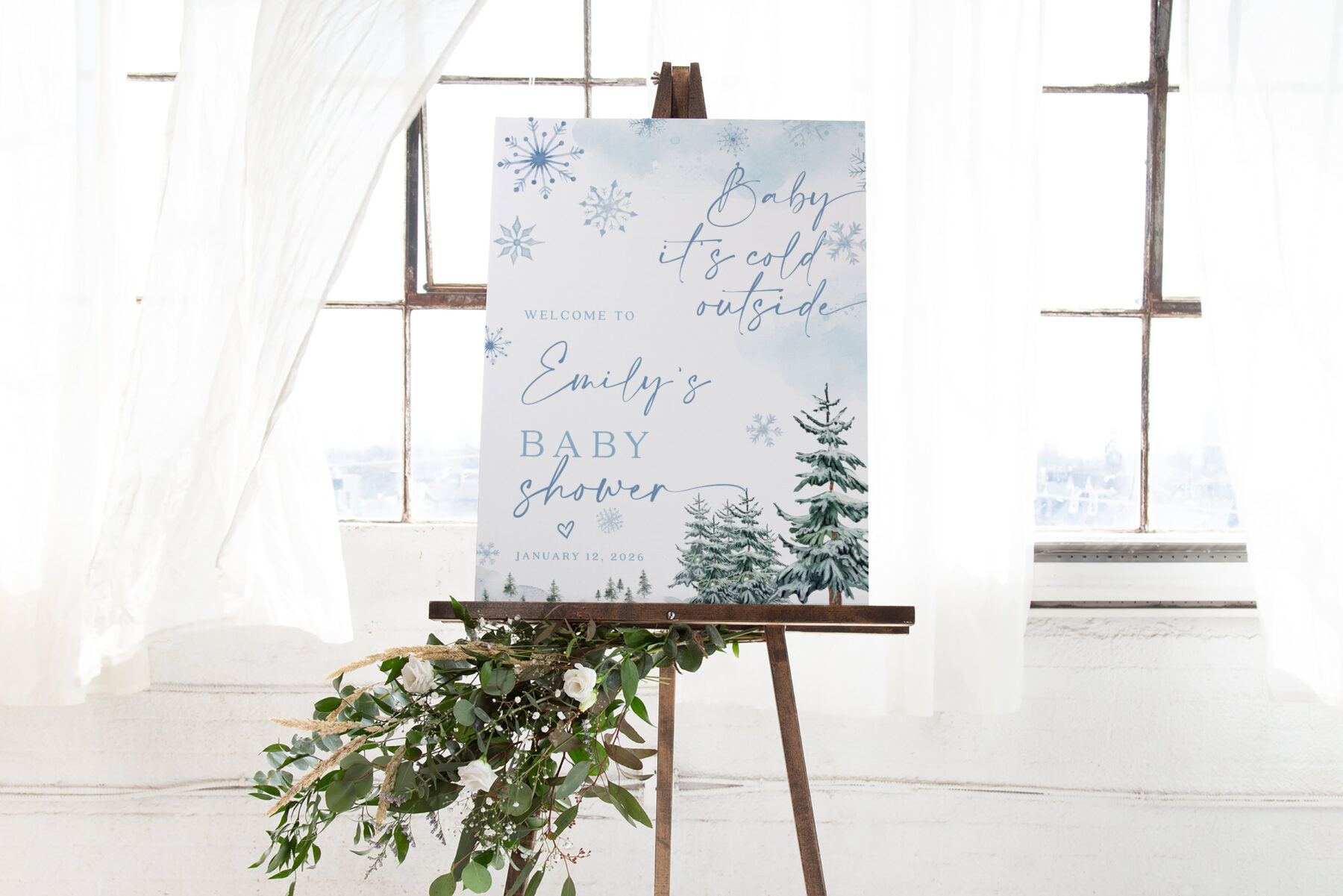 Blue Winter Baby Shower Welcome Sign - Baby It's Cold Outside shown in a styled product mockup.