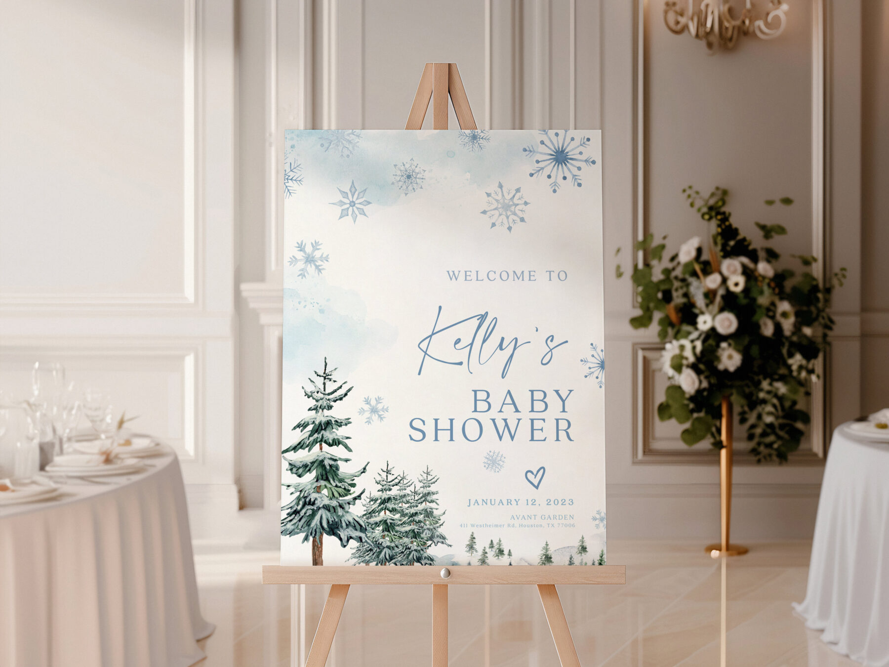 Blue Winter Baby Shower Welcome Sign, Editable Winter Wonderland Template shown in a styled product mockup.