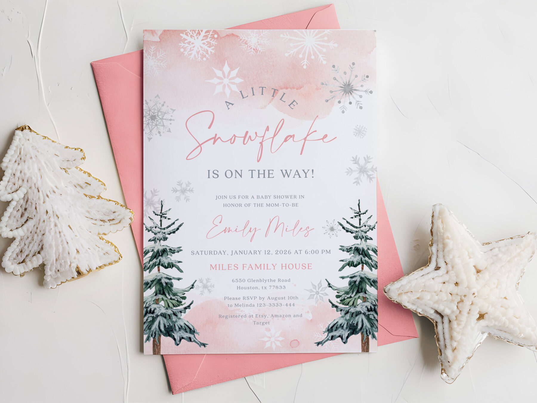 Pink Winter A Little Snowflake Invitation - Canva Template shown in a styled product mockup.