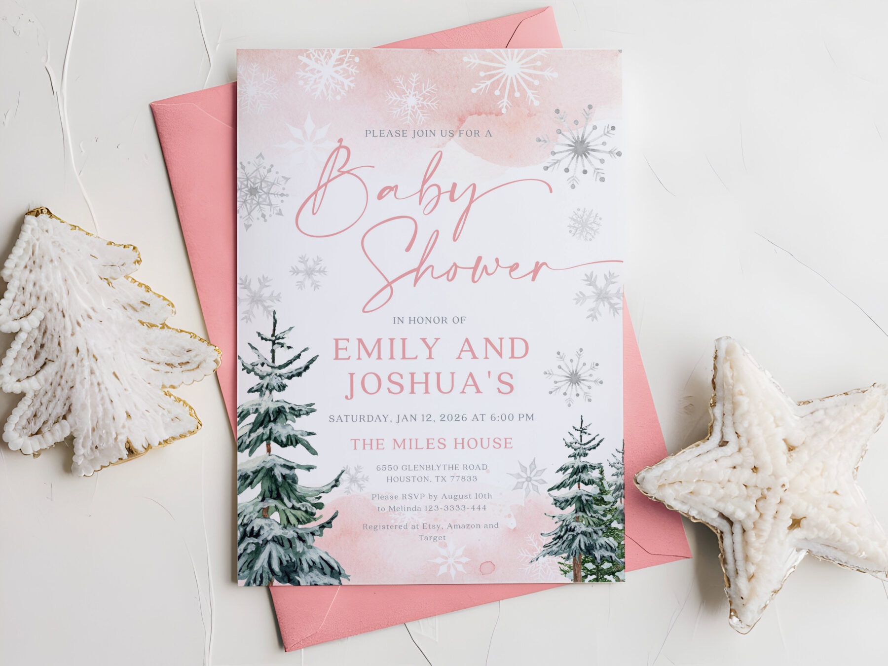 Pink Winter Couples Baby Shower Invitation - Canva Template shown in a styled product mockup.