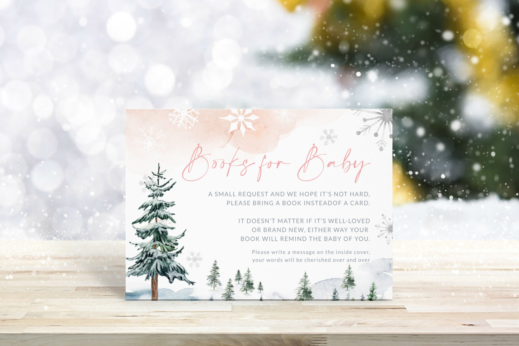 Pink Winter Books for Baby Card - Canva Template shown in a styled product mockup.