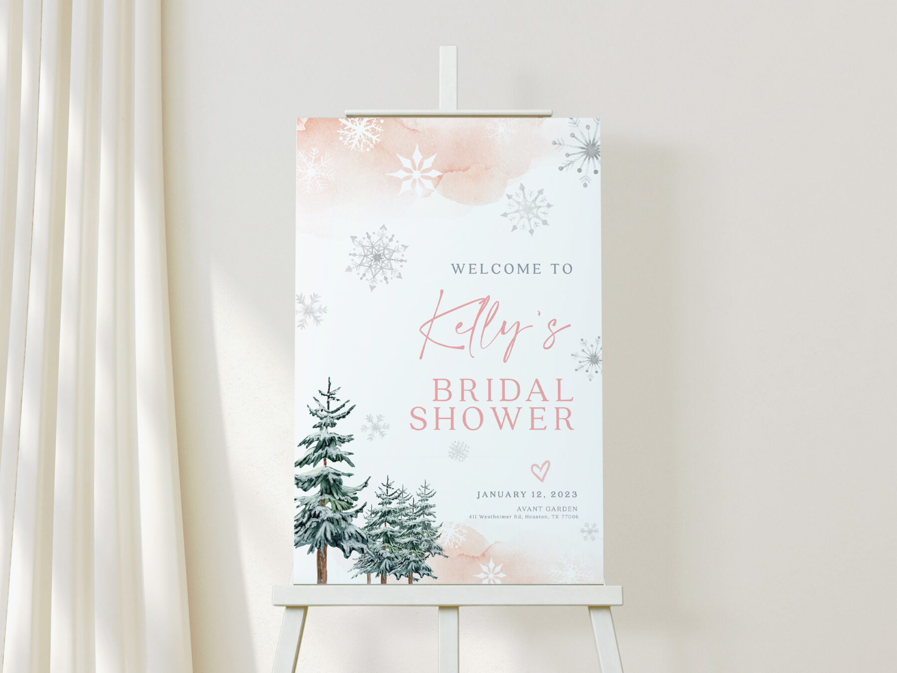 Pink Winter Bridal Shower Welcome Sign - Classic Lettering shown in a styled product mockup.