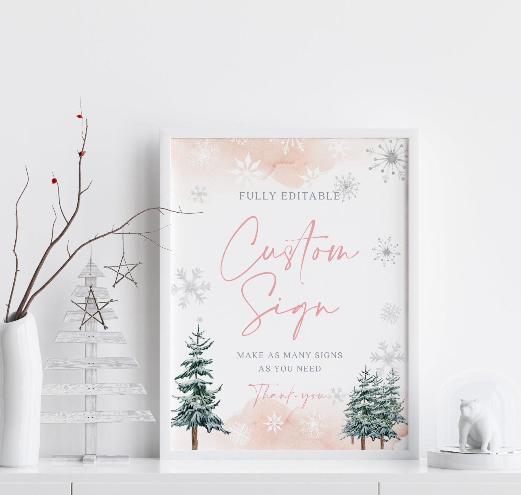 Pink Winter Custom Sign - Editable Canva Template shown in a styled product mockup.