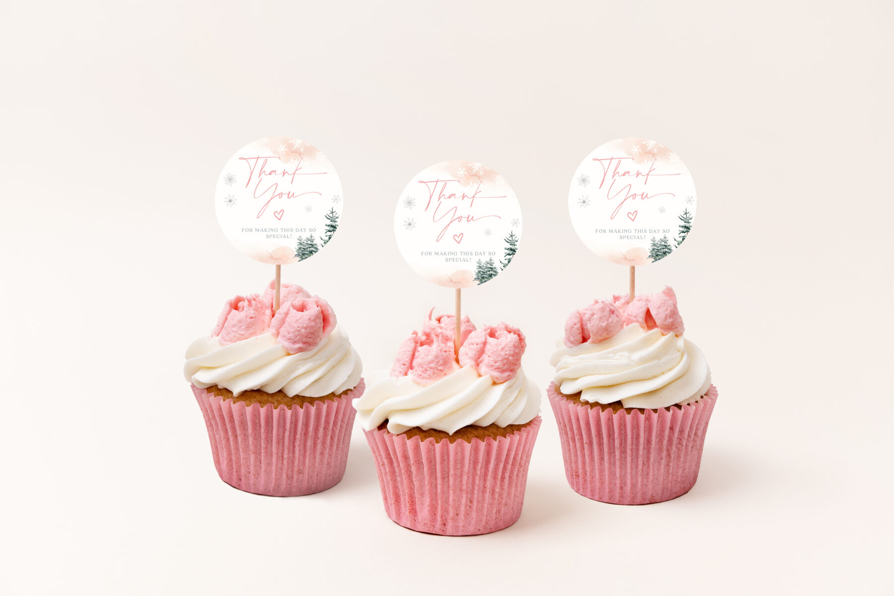 Pink Winter Square and Round Favor Tags - Canva Template shown in a styled product mockup.