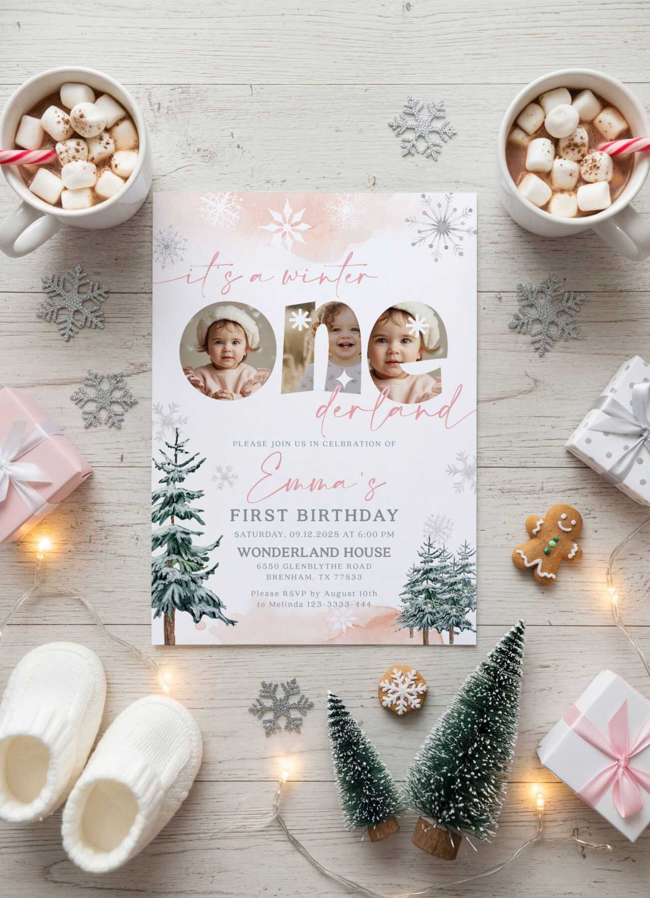 Pink Winter ONEderland Invitation - Canva Template shown in a styled product mockup.