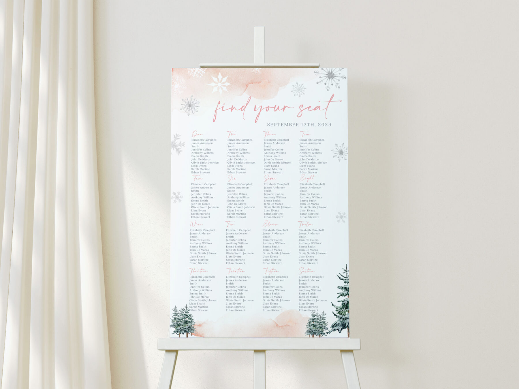 Pink Winter Seating Chart - Editable Canva Template shown in a styled product mockup.