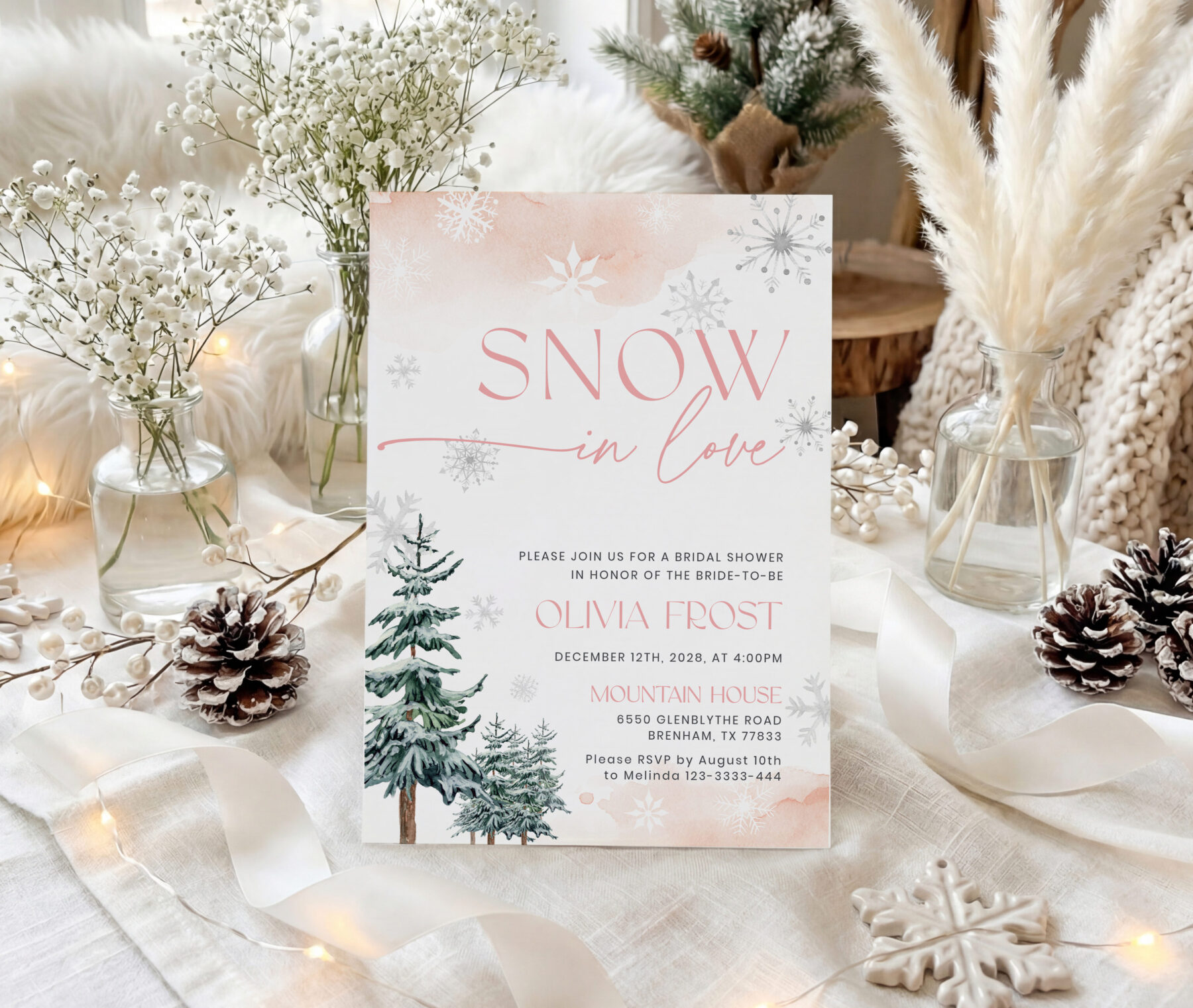 Pink Winter Snow in Love Invitation - Canva Template shown in a styled product mockup.