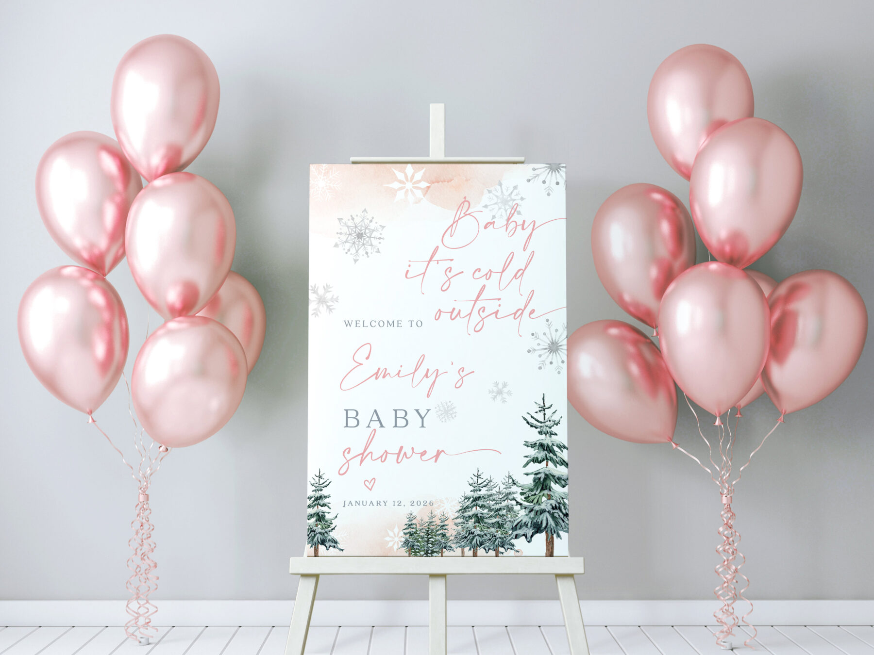 Pink Winter Baby Shower Welcome Sign - Baby It's Cold Outside shown in a styled product mockup.